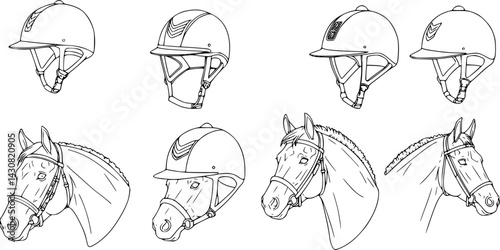 Collection of equestrian helmets and horse head illustrations showcasing diverse styles and designs
