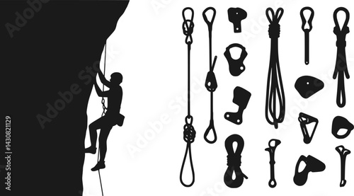 Climbing gear accessories illustrated in vector format featuring a rock climbing ascent with ropes and knots for outdoor adventurers

