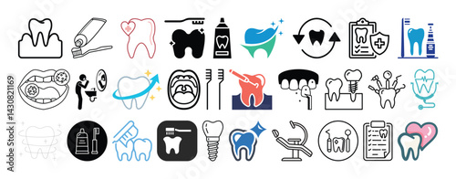 Set of Dental, Oral Health, Teeth cleaning, Braces, Oral Hygine and Dental care icon set collection vector design.