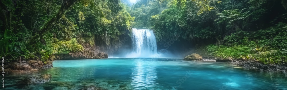 Fototapeta premium Waterfall in a Lush Jungle with Turquoise Waters