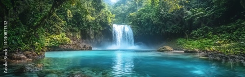 Waterfall in a Lush Jungle with Turquoise Waters