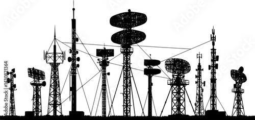 Various radar towers outlining a communication network during daytime hours
