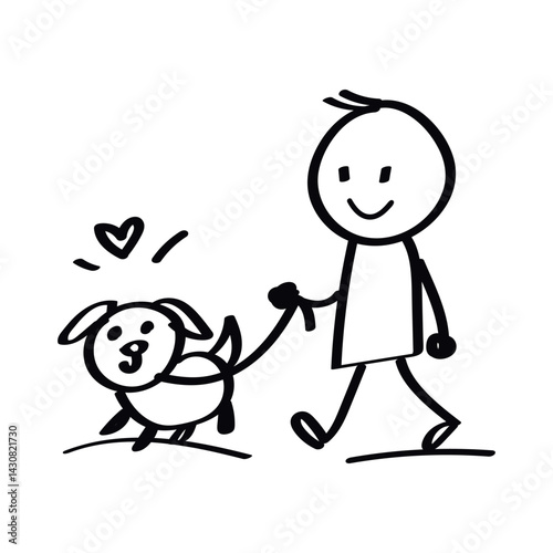 stick figure walking a dog with heart icon, doodle childish vector illustration