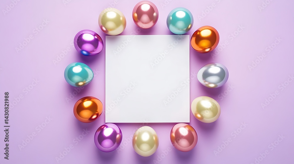 Colorful metallic Easter eggs arranged around a blank white square on pastel purple backgroun
Colorful metallic Easter eggs arranged around a blank white square on pastel purple backgroun