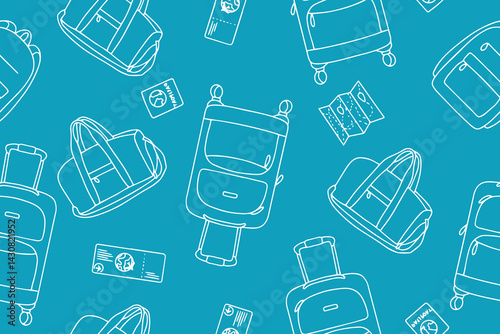 Seamless pattern of suitcases, bags, backpacks for travel in doodle style on blue background. Hand drawn linear icons of luggage. Vector illustration