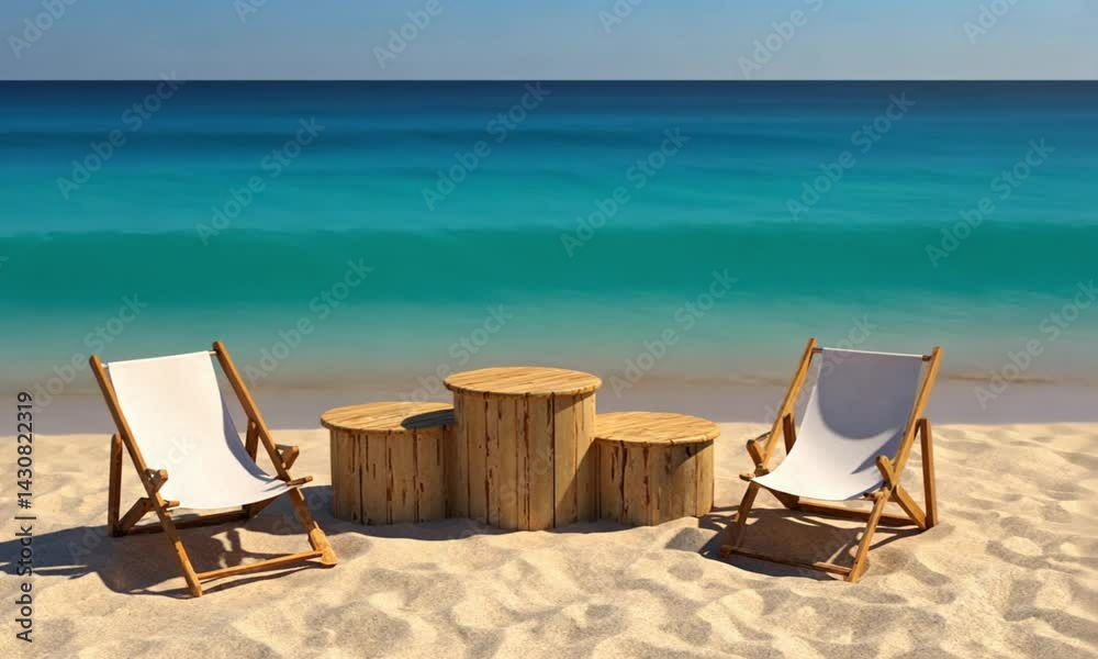 Wooden podiums and beach chairs on a sandy beach Wooden podiums and beach chairs on a sandy beach