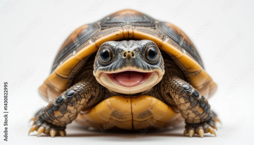 Obraz premium Cute Smiling Turtle with Yellow Shell on White Background