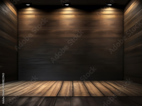 Wallpaper Mural Dark Wooden Floor and Textured Wall Background with Spotlight Illumination Design AI Torontodigital.ca