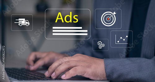 Programmatic advertising concept. Person using laptop with advertising icon. planning advertising marketing strategies to target social media native, ad, advertisers, sales, marketing digital