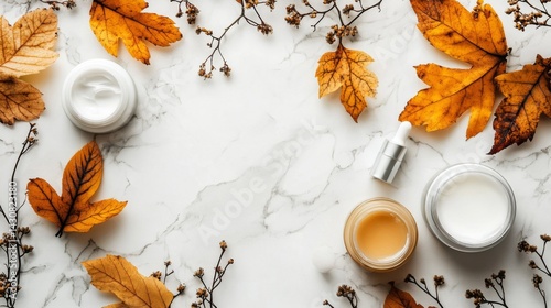 Autumn Skincare Products on Marble Background