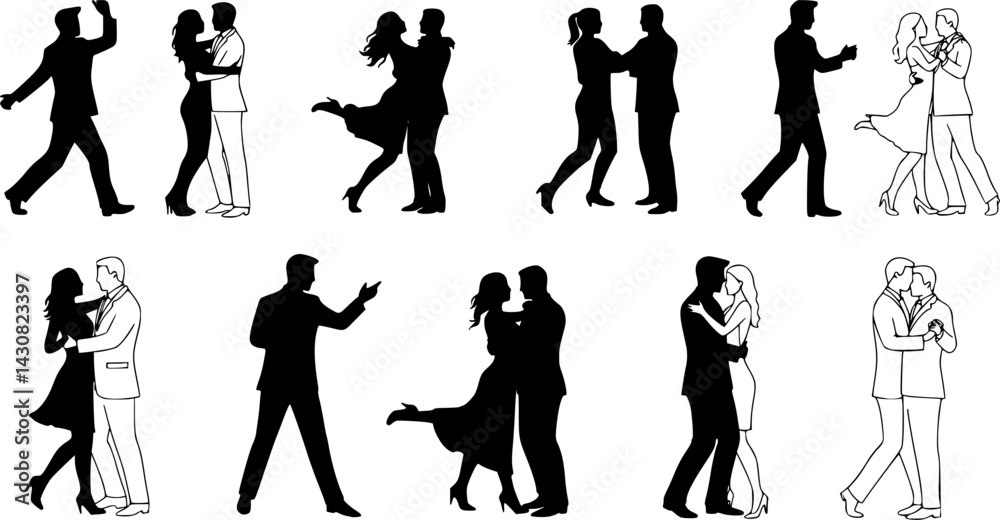 Fototapeta premium Illustration of couples dancing at a festive celebration in a lively and joyful setting. vector set