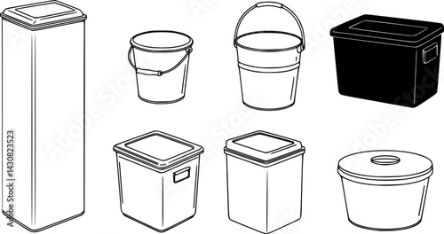 Various types of containers for storage in different shapes and sizes arranged side by side on a neutral background, vector set