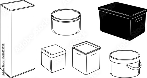 Various types of containers for storage in different shapes and sizes arranged side by side on a neutral background, vector set