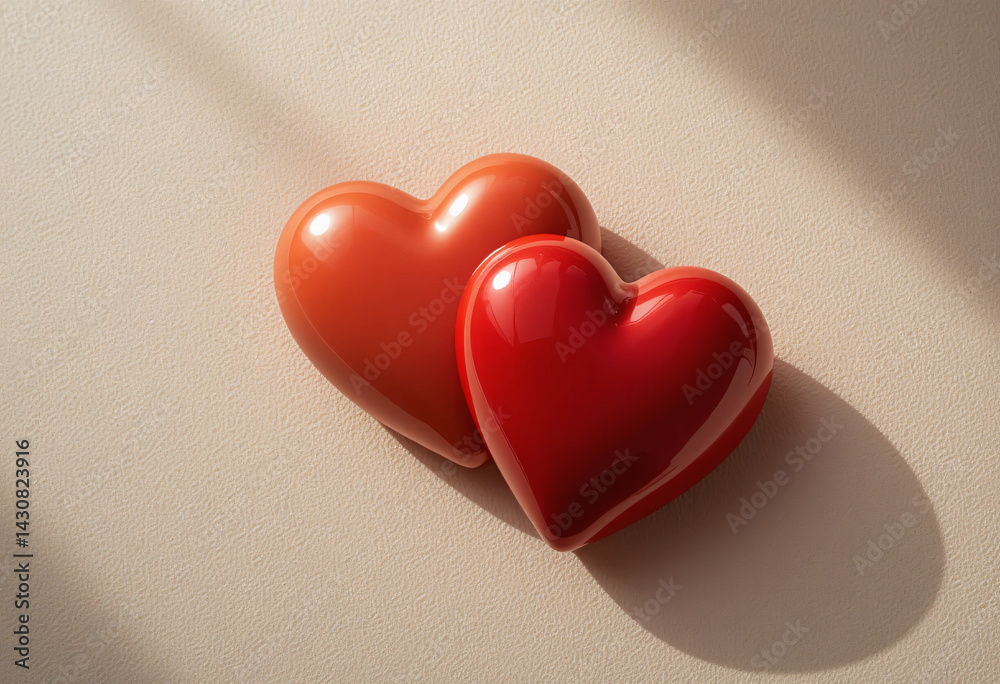 Red hearts with soft light on beige backdrop Red hearts with soft light on beige backdrop