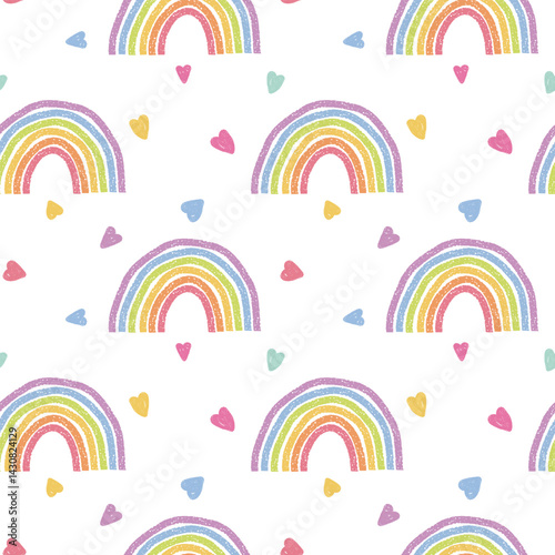 Seamless vector pattern with hand drawn rainbows and hearts in pastel colors. Playful Crayon doodle style. Ideal for kids design, textile print, baby products, nursery decor, wrapping paper