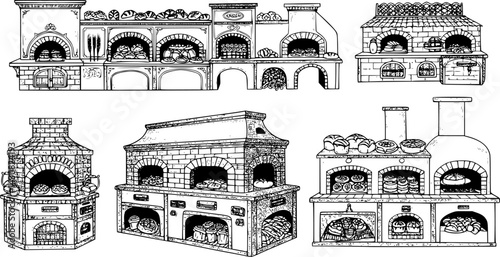 Variety of traditional oven designs and baked goods illustrated in black and white showcasing culinary art
