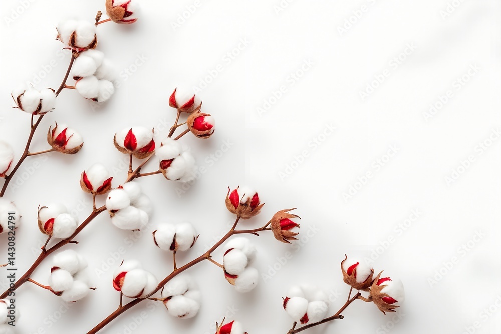 Delicate cotton flower branches with red accents against a pristine white background in a minimalist botanical style