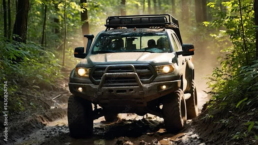 A powerful off-road truck navigating a muddy forest trail with determination and force. A powerful off-road truck navigating a muddy forest trail with determination and force.