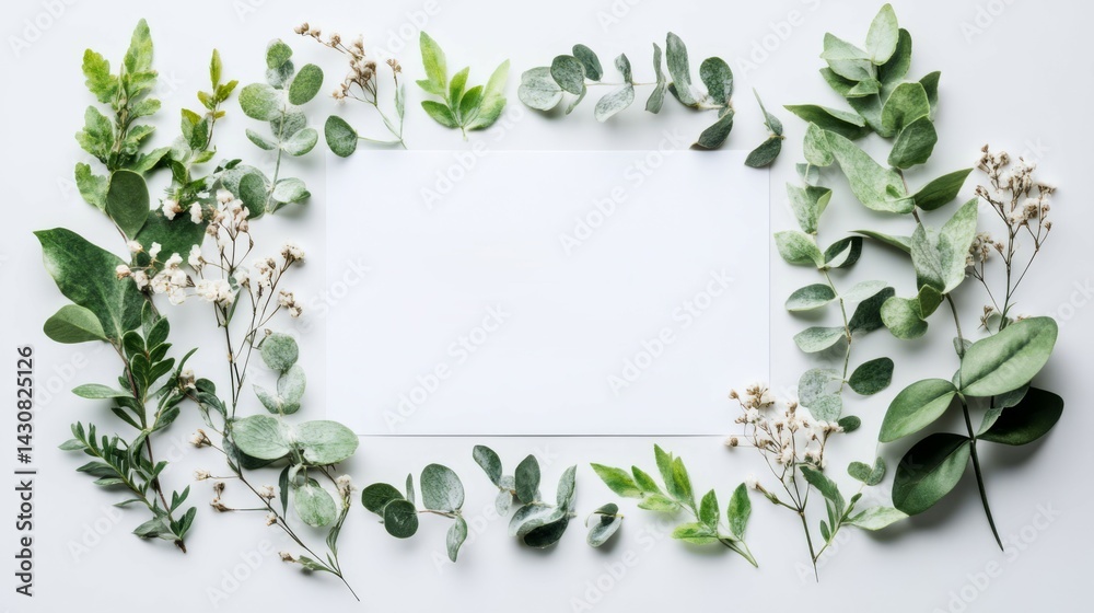 Naklejka premium Green Leaves and Flowers Frame on White Background