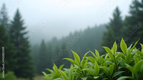 Fresh green tea leaves in a misty mountain landscape. Serene nature scene, perfect for wellness, beverage, and agriculture themes.