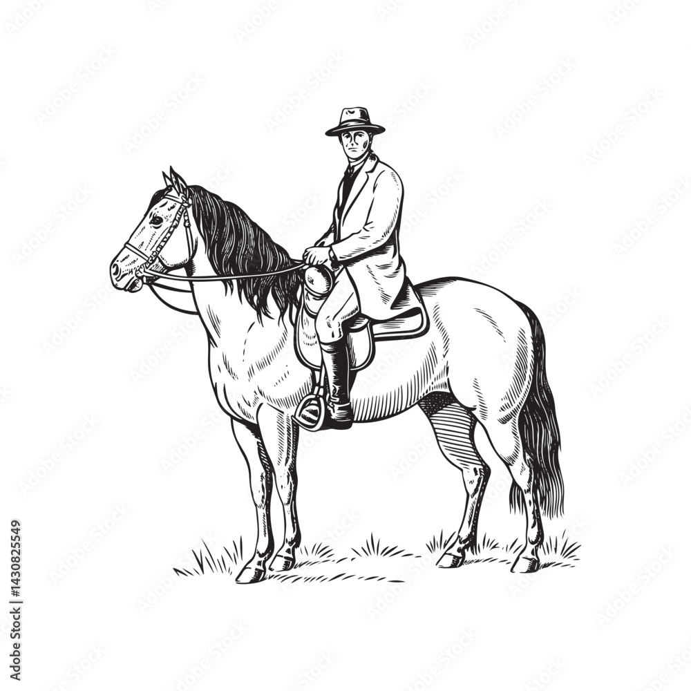 Fototapeta premium Man Horse Riding Silhouette - Simple Outline Artwork - man horse riding silhouette - man horse riding vector - man horse riding doodle - horse riding illustration - man horse riding line art