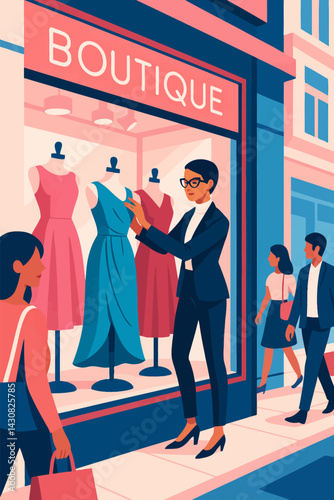 Woman Arranging Dresses in Shop Window Display with Passing People