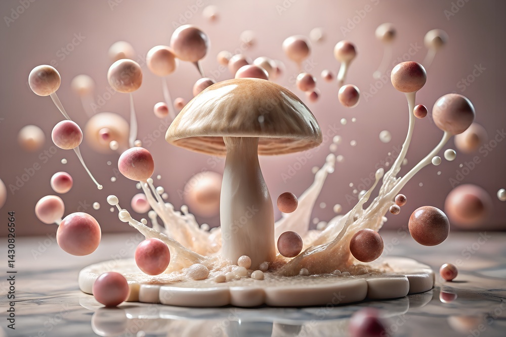 Creamy Mushroom Splash Art – Surreal 3D Abstract Fantasy Scene