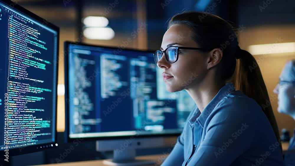 A Caucasian woman examines data on multiple screens in a sleek, contemporary office setting. A Caucasian woman examines data on multiple screens in a sleek, contemporary office setting.