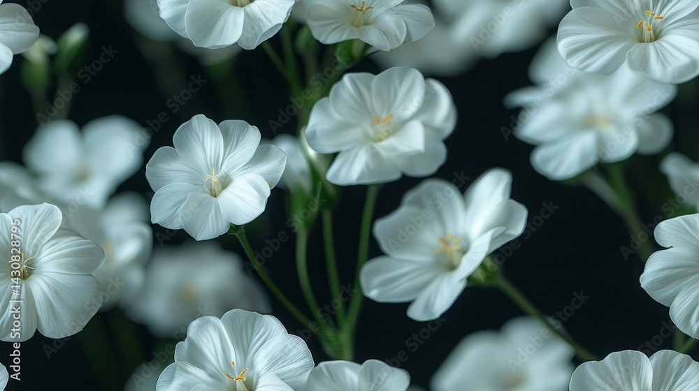 Obraz premium Delicate White Flowers with Yellow Centers against a Dark Background. Seamless Pattern.