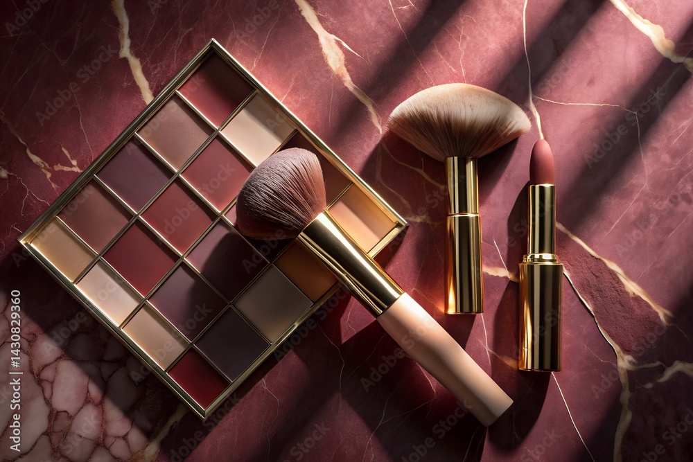 Luxury Makeup Set with Eye shadow Palette, Brushes, and Lipstick on Marble Surface