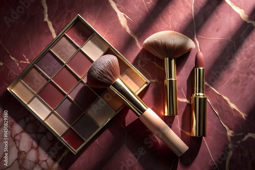 Obraz na płótnie Luxury Makeup Set with Eye shadow Palette, Brushes, and Lipstick on Marble Surface w salonie
