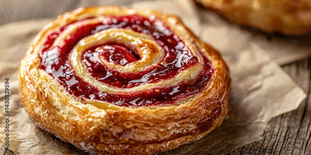 Fototapeta premium a raspberry Danish swirl with glossy raspberry jam in the center, topped with a light icing glaze