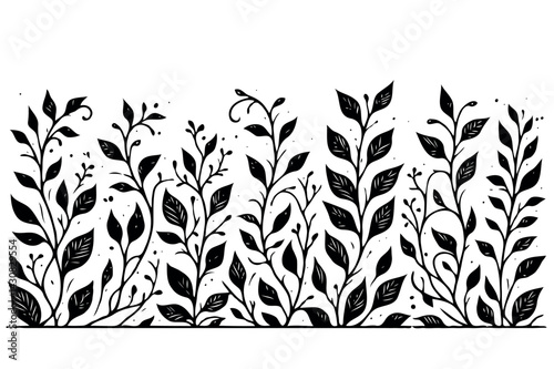 Hand drawn wild flowers Botanical drawing. Simple line art frieze, stems illustration. Black and White Meadow herbs. Stylized blooming twigs plants. Set of outline doodle floral sketch Leaves border