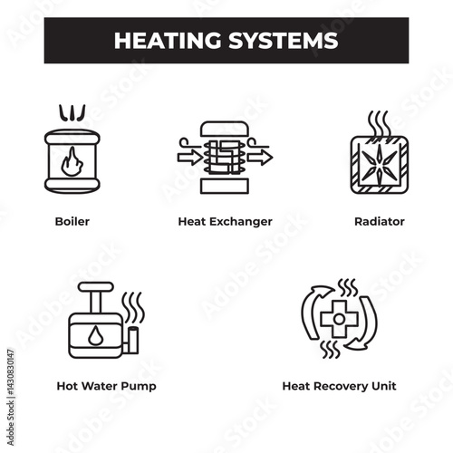 Modern heating system icons for technical diagrams, energy efficiency, HVAC layouts, and smart home solutions. Ideal for engineers, planners, and infographics.
