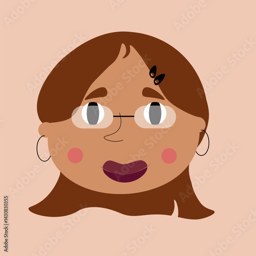 vector cute cartoon girl with glasses and brown hair with beige background