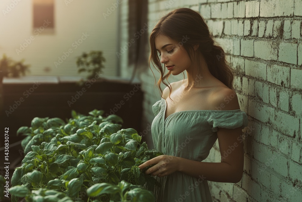 Obraz premium A young woman in a sage green dress examines a thriving basil garden against a weathered brick wall in the warm evening light.