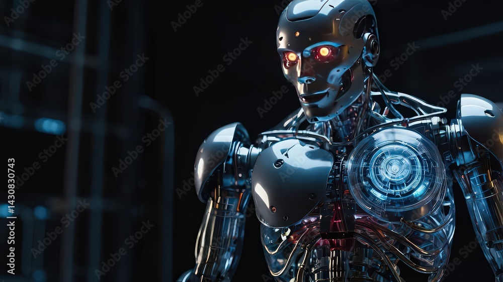 Naklejka premium Intimidating Metallic Robot with Glowing Red Eyes - Science Fiction