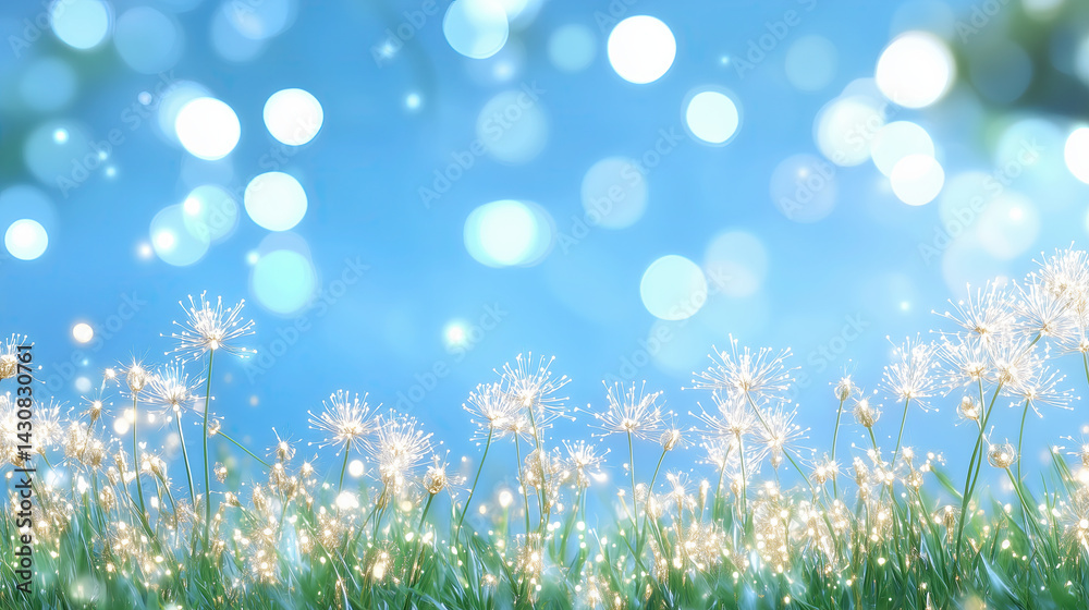 Fototapeta premium serene landscape featuring delicate flowers with sparkling details against soft blue background, evoking sense of tranquility and beauty
