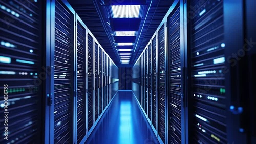A high-tech data center illuminated by blue neon lights, showcasing rows of sleek server racks.
