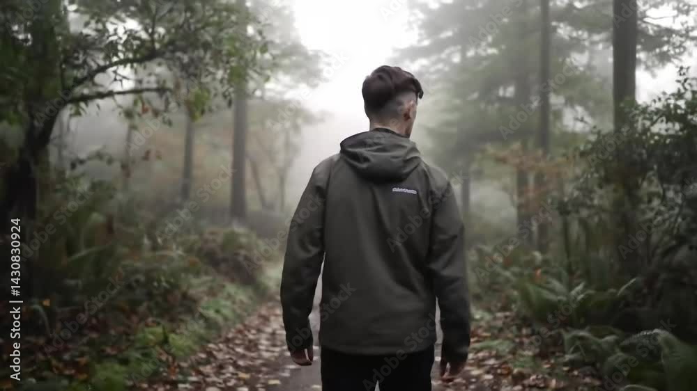 Person Walking Through Misty Forest Path in Morning Light With Peaceful Atmosphere Person Walking Through Misty Forest Path in Morning Light With Peaceful Atmosphere