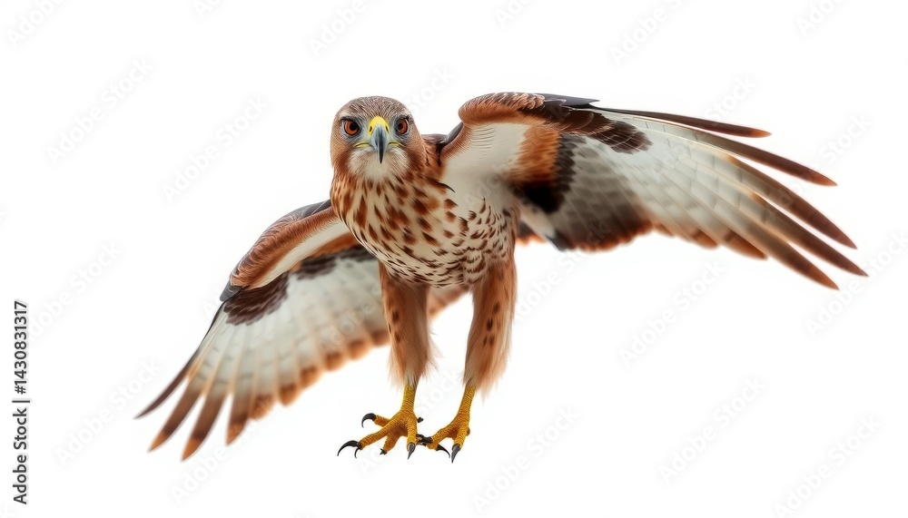 Fototapeta premium Powerful Hawk with Spread Wings Against White Background