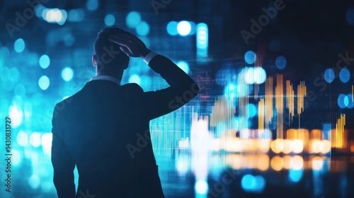 Businessman contemplating data visualization, strategic decision-making, future trends, market analysis, financial charts, technology, digital transformation, urban night, illuminated city.