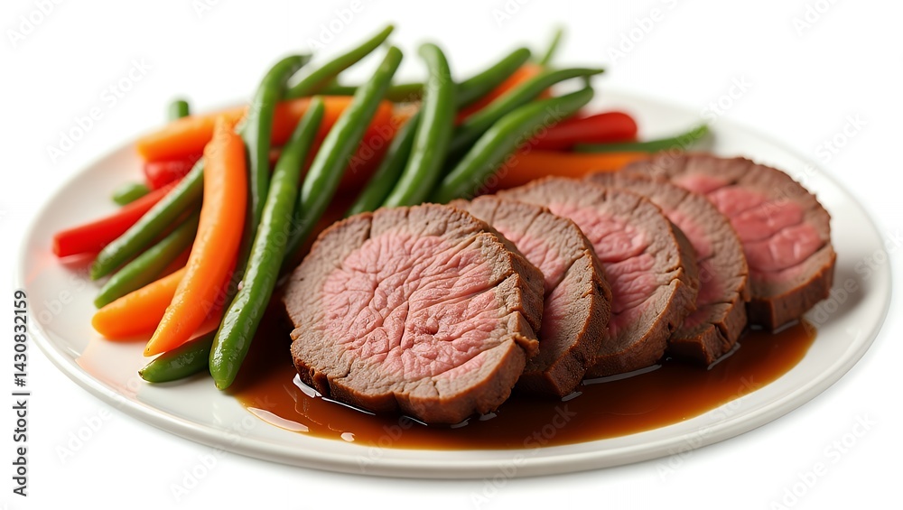 Roast beef with gravy and vegetables served hot on white background for classic meal Roast beef with gravy and vegetables served hot on white background for classic meal