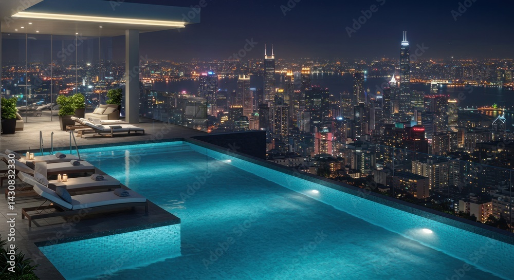 Obraz premium Rooftop Infinity Pool at Night with City View