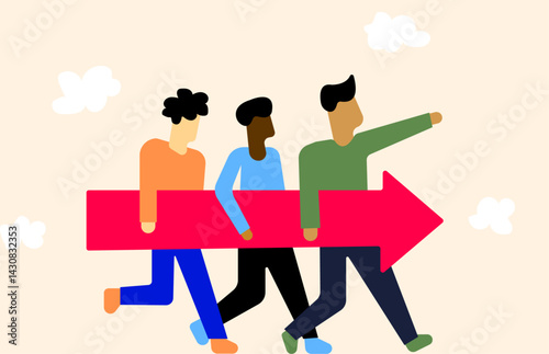 Team working together to achieve goal, man showing direction toward goal illustration