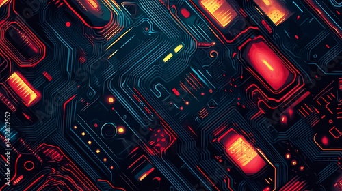 Abstract electronic circuit board, glowing lines and patterns creating a futuristic and techie look