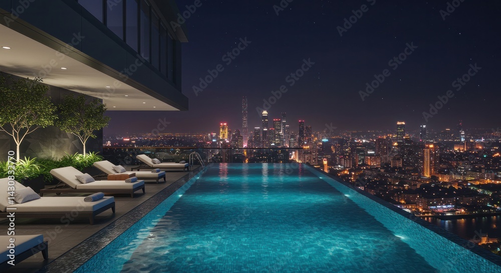 Obraz premium Rooftop Infinity Pool with City Skyline Night View