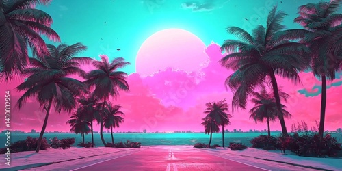 Combining elements of graphic art with a surreal portrayal of tropical Florida in a synthwave style.