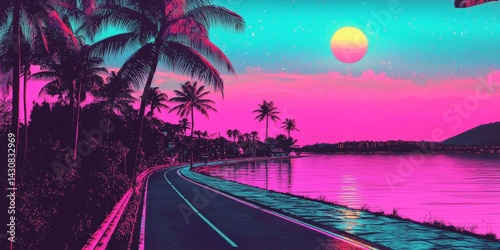 Combining elements of graphic art with a surreal portrayal of tropical Florida in a synthwave style.