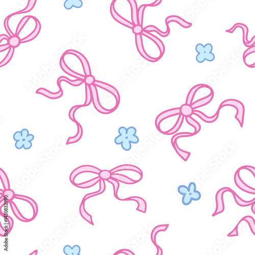 Coquette seamless pattern Pink Ribbon Bow with Blue Daisy. Pretty Girly bows and flowers on white background. Trendy feminine romantic art for greeting cards, fabric, wrapping. Vector Illustration.